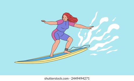 An active red-haired girl rides a surfboard. A woman surfer on board catches a wave. Surfing, extreme water sports. Balancing on the water. Sea ocean. Vector illustration on blue background