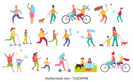 Active relaxation of different people, spending time with useful purpose which is staying healthy vector illustration on white background