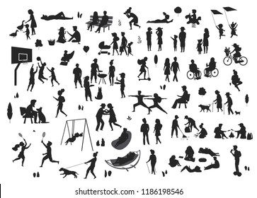 active and relaxing people in the city park, leisure activities scenes silhouettes set, men women couples children play, make sports, biking, walk with dog, eat, grill, read, chill picnic