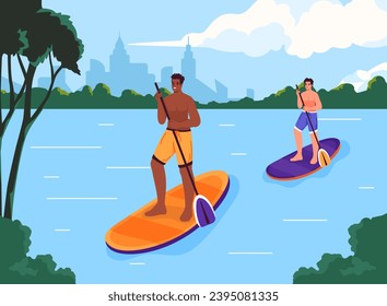 Active rest at boards. Man and woman at sufrboards with paddles at river. Active lifestyle and leisure outdoor. Holiday and vacation. Poster or banner. Cartoon flat vector illustration