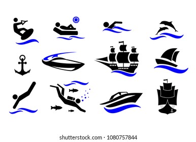 Active rest by the sea. Icons set. Vector stock illustration isolated on white background.