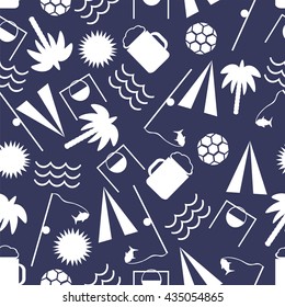 Active rest, fishing, camping, campfire, ball games, swimming, tree seamless pattern on a blue background