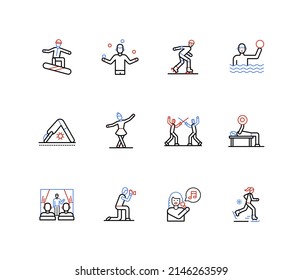 Active rest and free time - line design style icons with editable stroke. Snowboarding, juggling, rollerblading. Water polo, yoga, ballet, fencing. Training, theatre, photographer, singer, ice skating