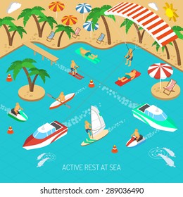 Active rest at sea and beach vacation with umbrellas and chaise lounges isometric concept vector illustration 