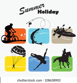 Active rest, summer holiday, set icon, fishing, bicycler, canoe, boating, parachutist, swimmer, equestrian sport, vector illustration 