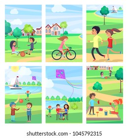 Active rest in urban park poster of six vector illustration with kids on attraction, riding bike, playing ball or in sandbox, running, flying kite