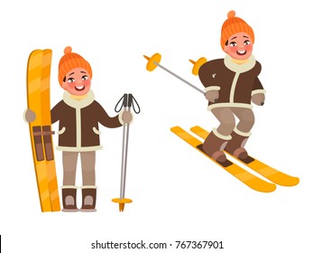 Active rest in winter. The boy is skiing. Vector illustration in cartoon style
