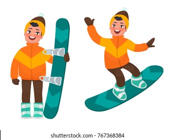 Descanso activo en invierno. El chico está haciendo snowboarding. Ilustración vectorial en estilo caricatura