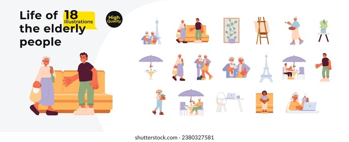 Active retiree pensioners cartoon flat illustration bundle. Grandparent old people 2D characters, objects isolated on white background. Activities leisure time vector color image collection