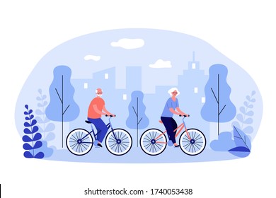 Active retirement, recreation outdoors old age concept. Happy senior family couple cycling in park. Grey haired man and woman riding bikes. Flat vector illustration