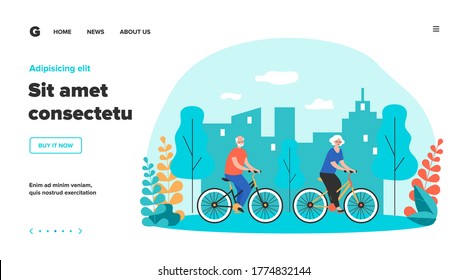 Active retirement, recreation outdoors old age concept. Happy senior family couple cycling in park. Grey haired man and woman riding bikes. Flat vector illustration