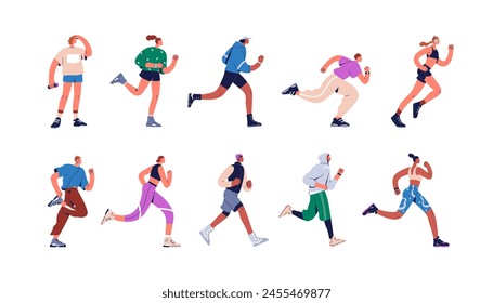 Juego de corredores activos. Corredores con ropa deportiva. Hombres y mujeres sanos corriendo, entrenando, haciendo ejercicio. Personajes deportivos en entrenamiento cardiovascular. Ilustración vectorial plana aislada sobre fondo blanco