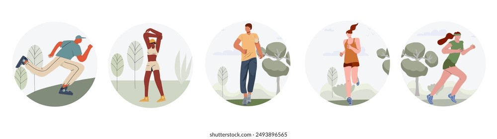 Active runners set. Joggers jogging in sportswear. Healthy men and women running, training, exercising. Sports characters in cardio workout. 

