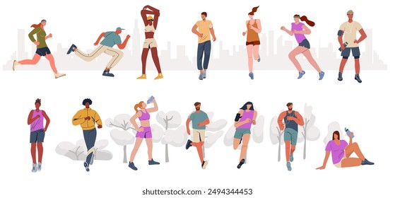 Active runners set. Joggers jogging in sportswear. Healthy men and women running, training, exercising against the backdrop of the city skyline and the trees. Sports characters in cardio workout. 

