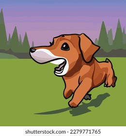 Active Running Hellbrauner Cute Pet Hund auf Gras auf Sonnenuntergang Hintergrund mit Bäumen hinter Cannine Cartoon-Charakter Design