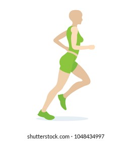 Active running woman vector illustration. 
Energy jogging female flat design.
Running young girl side view vector silhouette.
Part of set.