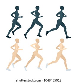 Active running woman vector illustration. 
Energy jogging female flat design.
Running young girl side view vector silhouette.
Part of set.