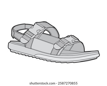 Active sandals for men technical flat drawing vector mockup illustration.