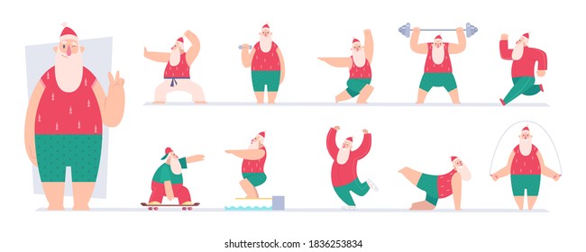 Santa activa. Personajes deportivos de cuento de hadas santa haciendo ejercicios gimnasia fitness en imágenes vectoriales de invierno