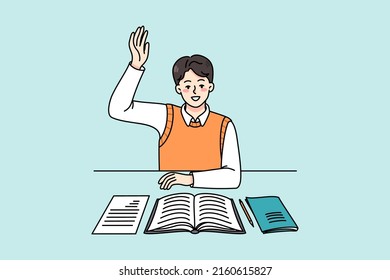 Active schoolboy sitting at desk in class raise hand volunteer to answer. Smart boy child participate in discussion at lesson. Clever kid at class. Education concept. Vector illustration. 