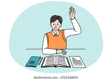 Escolar activo sentado en el escritorio de la clase levanta mano voluntaria para responder. Un niño inteligente participa en la discusión en la lección. Niño inteligente en clase. Concepto de educación. Ilustración vectorial.