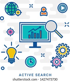 Active search, searching web page line icon. Browser window with magnifying glass linear style sign for mobile concept and web design. Web search outline vector icon. Symbol, logo illustration. Vector