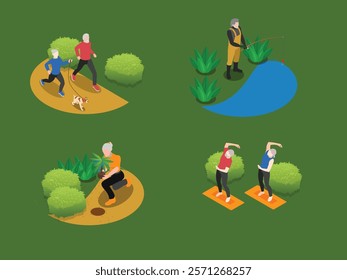 active senior activities: jogging, fishing, gardening, and yoga in the park 3d isometric vector illustration