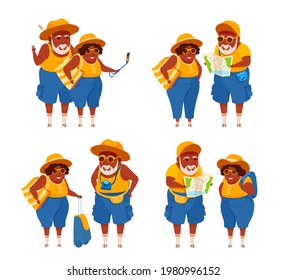 Active senior adult tourist couple on a vacation. An elderly man, a woman traveler. A vector cartoon illustration.
