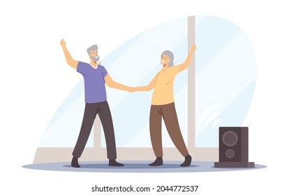 Active Senior Characters Couple Dancing Sparetime, Elderly People Happy Lifestyle, Old Man and Woman in Loving or Friendly Relations Spend Time Together with Dance Leisure. Cartoon Vector Illustration