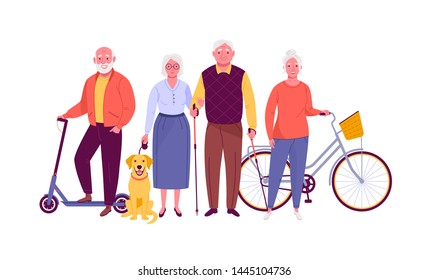 Active senior citizens. Vector illustration of smiling adult men and women with bicycle, electric scooter, dog and nordic walking sticks. Isolated on white.