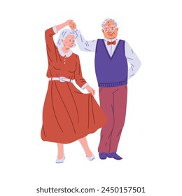 Active senior couple dancing vector flat illustration. Happy elderly man and woman holding hands waltz dance perform isolated on white. Cartoon grandparent at romantic classic disco