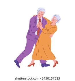 Active senior couple dancing vector flat illustration. Happy elderly man and woman holding hands waltz or tango dance perform isolated on white. Retirement activities at romantic classic disco