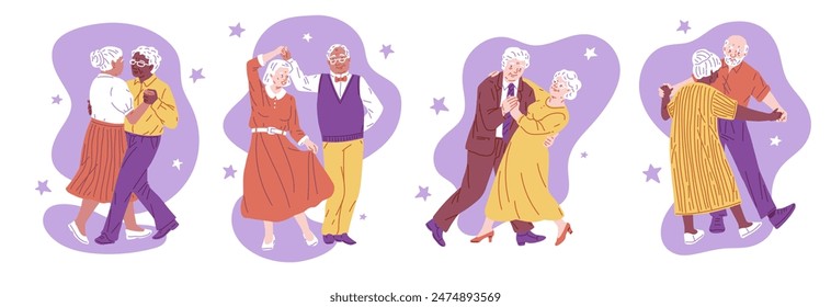 Active senior couple dancing vector flat illustrations set. Happy elderly man and woman holding hands classic dance perform. Retirement activities at romantic disco on decorative background