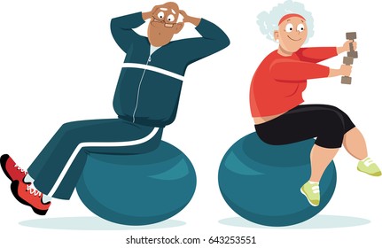 Active senior couple working out on exercise balls, EPS 8 vector illustration