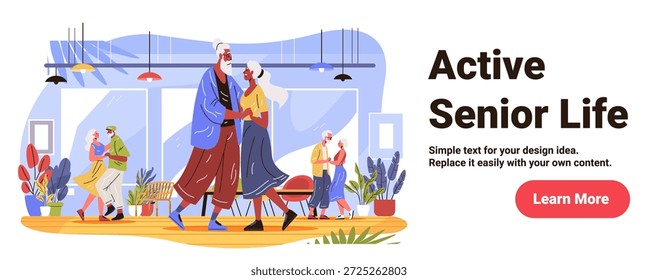 Active senior couples dancing leisure indoor activity elderly people enjoying social lifestyle modern interior plants colorful decor