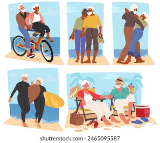 Parejas Mayores Activas En La Playa, Participando En Actividades Como El Ciclismo, Caminar, Bailar Y Relajarse. Los Personajes Antiguos Muestran Alegría, Compañerismo, Estilo De Vida Activo En La Jubilación. Ilustración vectorial de dibujos animados