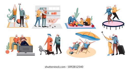 Active senior grandparent couple rest and everyday activity. Happy retired elderly people shopping, spending time together, walking, travelling, exercising vector illustration isolated on white