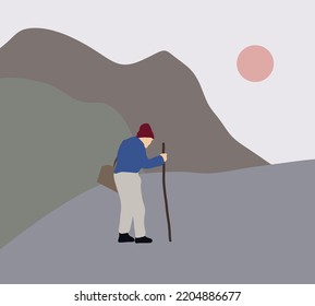 Active senior hiking in mountains with stick, enjoying their adventure. Healthy lifestyle at retirement age. Outdoor activities.