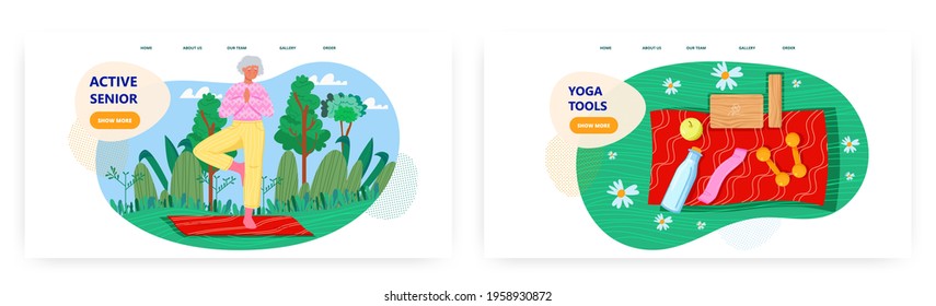 Active senior landing page design, website banner vector template set. Happy elderly woman pensioner doing outdoor yoga.