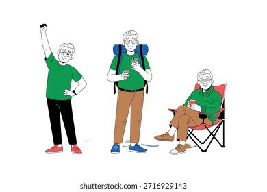Active Senior Lifestyle Set, Elderly People Hiking, Standing and Resting Outdoors, Healthy Aging Cartoon Vector Illustration, Isolated on White Background.