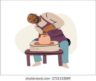 Homem Sênior Ativo Trabalhando Cerâmica em uma Roda isolado. Passatempo de aposentadoria criativa e ilustração artesanal desenhada à mão