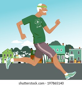 Active senior man jogging down the suburbs street