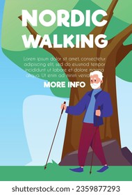 Hombre mayor activo realizando caminatas nórdicas con palos en el paisaje natural. El abuelo retirado hace ejercicio en el parque. Actividades deportivas al aire libre saludables para personas mayores. Afiche plano del vector de la marcha nórdica