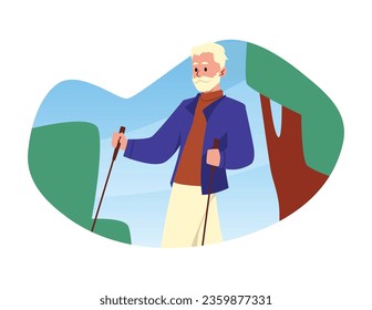 Active senior man performing nordic walking with sticks. Retired grandfather exercise in park. Vector flat color illustration isolated on white. Healthy outdoor sport activity for elderly people.