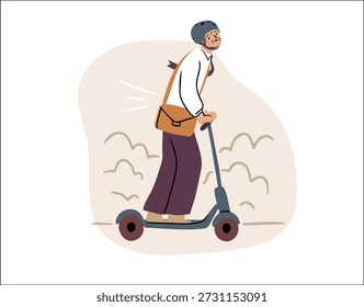 Hombre mayor activo que monta la vespa eléctrica en la ciudad. Hombre de negocios retirado moderno que viaja. Envejecimiento energético e ilustración de movilidad Urbana