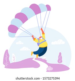 Active Senior Man Skydiver Sports Activity Hobby Pensioner Floating In Sky With Chute. Happy Aged White Haired Character Skydiving Extreme Sport Jumping With Parachute Cartoon Flat Vector Illustration