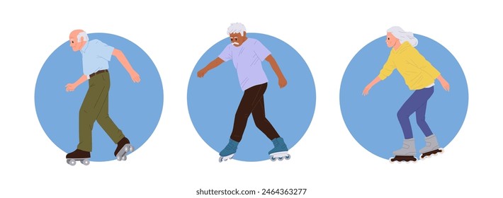 Active senior man and woman cartoon character rollerblading enjoying fast riding extreme sport