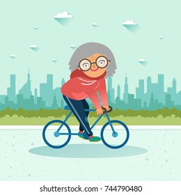 Active senior. Old age retired woman. Elderly woman riding a bicycle on city background. Elderly people healthy lifestyle. Vector colorful illustration