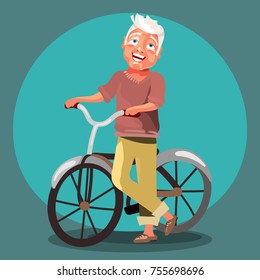 Active senior (old man) cartoon, cute, adorable vector character. The senior man with bycicle smiling and happy