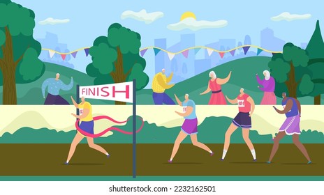 Active senior old people have fun compete, vector illustration. Happy retirees jogging outdoors in summer. Active fitness at age strengthens health.